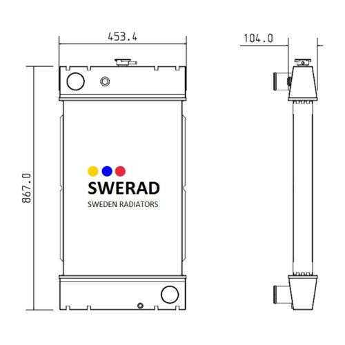 Teknisk ritning av en Kylare SDMO-generatorradiator som visar front- och sidovyer med dimensioner: 453,4 bredd, 867,0 höjd och 104,0 djup.