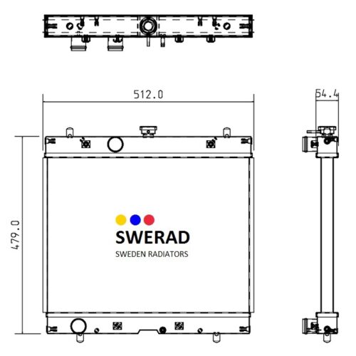 Teknisk ritning av en Kylare Shibaura gräsklippare radiator, inklusive front- och sidovyer, dimensionerad på 512,0 mm bredd, 479,0 mm höjd och 54,4 mm djup.