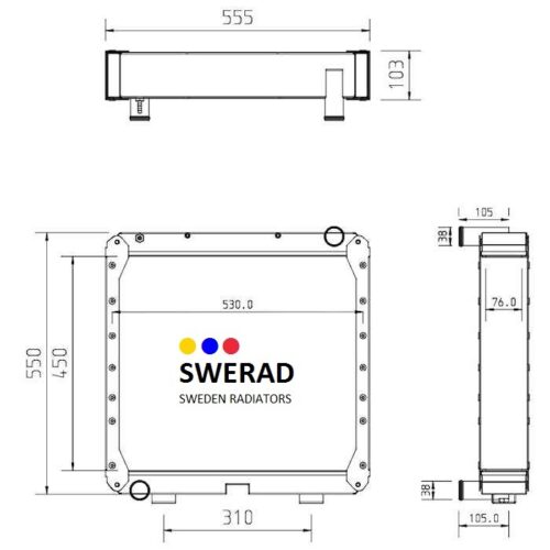 Teknisk ritning av en Kylare Steyr traktor radiator som visar front-, sido- och toppvyer med dimensioner. Radiatorn är märkt "SWERAD Sweden Radiatorer" och innehåller olika mått i millimeter.