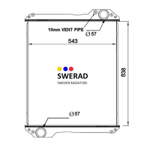 Teknisk ritning av en Kylare Steyr traktor radiator med dimensionerna 543 mm bredd och 638 mm höjd, med ett 10 mm ventilationsrör och 57 mm inlopp/utlopp.