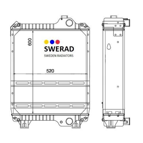 Teknisk ritning av en kylare med dimensionerna 600 mm gånger 520 mm, märkt "Kylare Steyr traktor", med en illustration framifrån och från sidan.