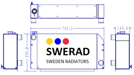 Teknisk ritning av en Kylare Takeuchi grävmaskin enhet, som visar mått: 740 mm på längden, 375 mm på höjden och 143,4 mm på djupet. Framsidan inkluderar tre färgade cirklar och "SWERAD"-logotypen.