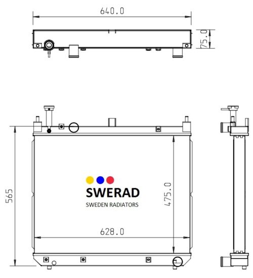 Teknisk ritning av Kylare Takeuchi grävmaskin radiator med mått. Höjden framifrån är 565 mm och bredden är 640 mm. Sidohöjden är 565 mm och djupet är 75 mm.