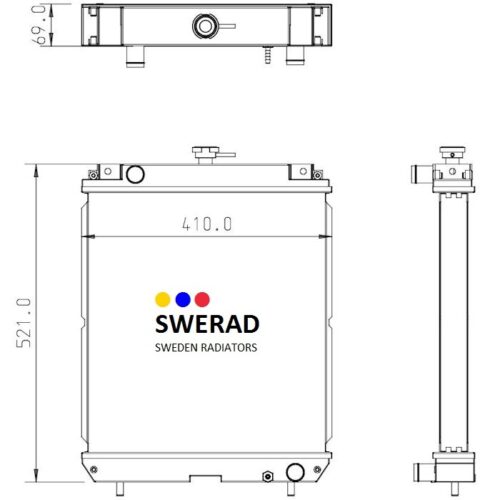 Teknisk ritning av en Kylare Takeuchi grävmaskin radiator som visar front-, topp- och sidovyer med måtten 521,0 mm i höjd och 410,0 mm i bredd.
