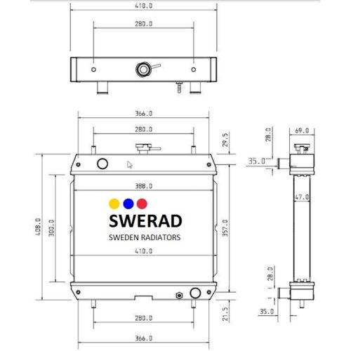 Teknisk ritning av en Kylare Takeuchi grävmaskinenhet med detaljerade mått märkta i millimeter, inklusive front-, sido- och toppvyer.