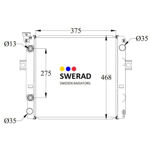 Tekniskt diagram över en Kylare TCM gaffeltruck från Swerad Sweden, som visar mått: bredd 375 mm, höjd 468 mm och specifika håldiametrar på 13 mm och 35 mm.