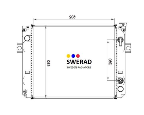 Teknisk ritning av Kylare TEU gaffeltruck kylare, märkt med måtten 502 mm bredd och 630 mm höjd. Företagets logotyp och texten "SWERAD SWEDEN RADIATORS" visas i mitten.