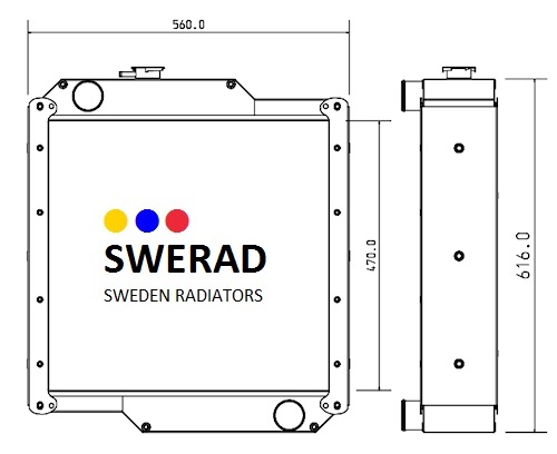 Teknisk ritning av en Kylare Thwaites dumperradiator från Sweden Radiators. Måtten är 560,0 mm i bredd, 470,0 mm på höjden och 616,0 mm på djupet.