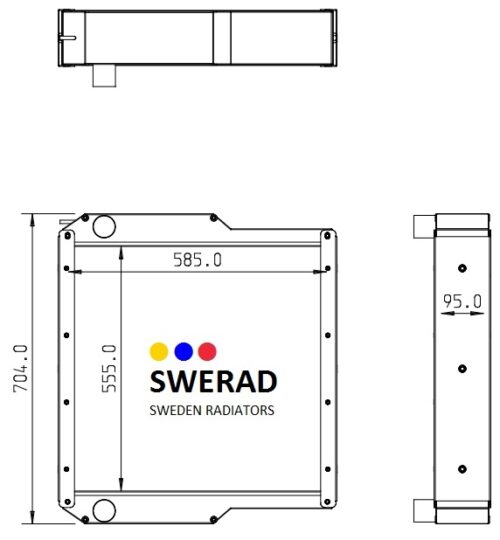 Teknisk ritning av en Kylare Thwaites dumperkomponent, som visar front- och sidovyer med mått: 704 x 585 x 95 mm.