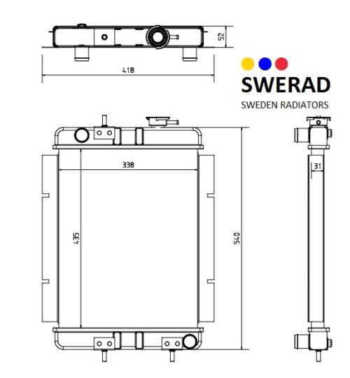 Tekniskt diagram över Kylare Thwaites dumperradiator med angivna dimensioner: 418 mm bredd, 540 mm höjd och 52 mm djup. Innehåller texten "SWERAD SWEDEN RADIATORS.