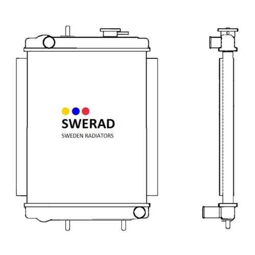 Diagram över en Kylare Thwaites dumper från Sweden Radiators. Den vänstra bilden visar frontvyn, och den högra bilden visar sidovyn. Radiatorn har in- och utgångsanslutningar i botten.
