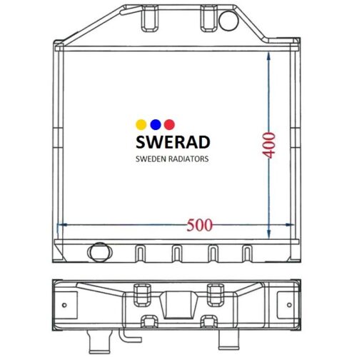 Teknisk ritning av en Kylare Valtra traktor radiator med dimensioner 500 mm bredd och 400 mm höjd, märkt "Sweden Radiatorer." Swerads logotyp är väl synlig.