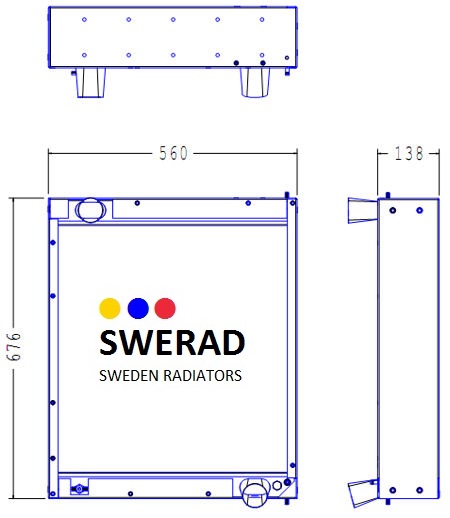 Teknisk ritning av en Kylare Valtra traktor radiator från Sverige Radiatorer, som visar front-, sido- och toppvyer med dimensionerna märkta (560 mm bredd, 676 mm höjd och 138 mm djup).