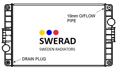 Diagram över en Kylare Volvo bussenhet, som visar delar märkta som '10mm O/Flow Pipe' och 'Drain Plug'.