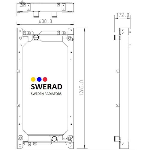 Teknisk ritning av Kylare Volvo buss kylare med mått. Framifrån och från sidan tillhandahålls. Angivna mått är 600 mm bredd och 1265 mm höjd. Branding lyder "SWERAD SWEDEN RADIATORS".