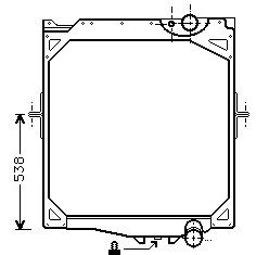 Tekniskt diagram över Kylare Volvo buss fyrkantig metallfixtur med mått och monteringspunkter märkta. Höjden är markerad som 538 enheter.