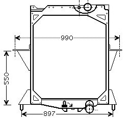 Tekniskt diagram över Kylare Volvo lastbils mekaniska ram med märkta mått: 990 mm bredd, 550 mm höjd och 897 mm bottenbredd. Olika mekaniska komponenter är märkta.