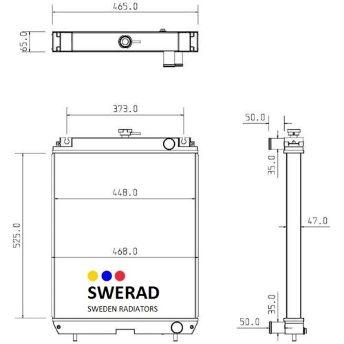 Tekniskt diagram över en Kylare Yanmar-generatorradiator, inklusive front-, sido- och toppvyer med dimensioner märkta i millimeter. Swerads logotyp visas på framsidan.