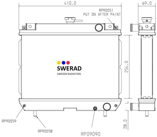 Teknisk ritning av en Kylare Yanmar generatorradiator med olika märkta komponenter och dimensioner, inklusive en bredd på 410,0 mm, höjd på 254,0 mm och djup på 69,0 mm.