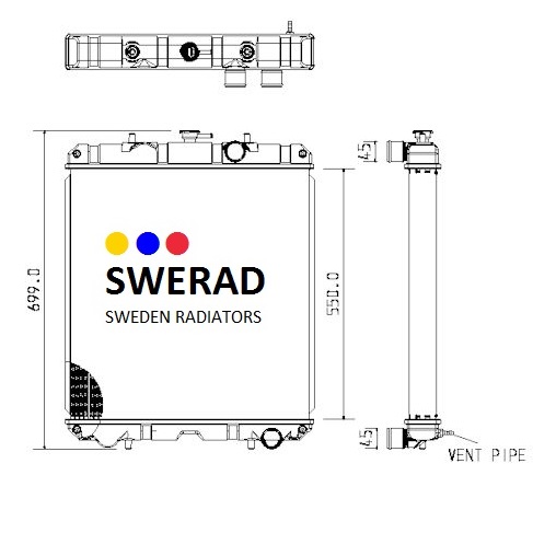 Tekniskt diagram över en Kylare Yanmar generatorradiator med dimensioner märkta. Kylaren är märkt med texten "SWERAD SWEDEN RADIATORS" och färgade prickar. Ventilationsröret är märkt på höger sida.