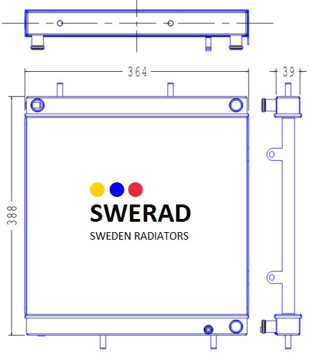 Tekniskt schema över en Kylare Yanmar grävmaskin radiator, som markerar mått: 388 mm höjd och 364 mm bredd. Swerads logotyp är centrerad och har blå, gula och röda prickar ovanför "SWERAD"-texten.