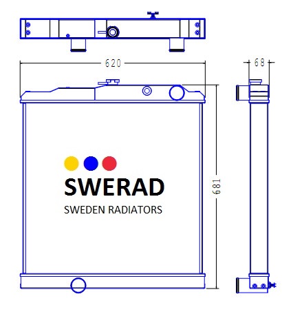 Teknisk ritning i ritning av en Kylare Yanmar grävmaskin radiator, med front- och sidovyer med mått märkta.
