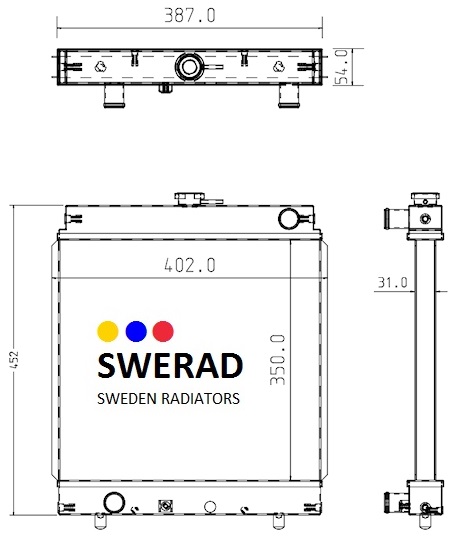 Teknisk ritning av en SWERAD Kylare Yanmar grävmaskin radiator från Sverige Radiatorer med mått märkta. Framsidan visar en bredd på 402,0 mm och en höjd på 452 mm; toppvyn visar en bredd på 387,0 mm.