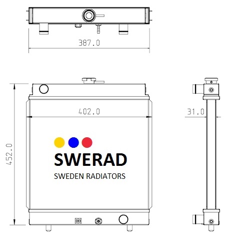 Teknisk ritning av en Kylare Yanmar grävmaskin enhet, som visar fram- och sidovyer med mått märkta. Höjd är 452,0 mm, bredd är 402,0 mm och djup är 31,0 mm.