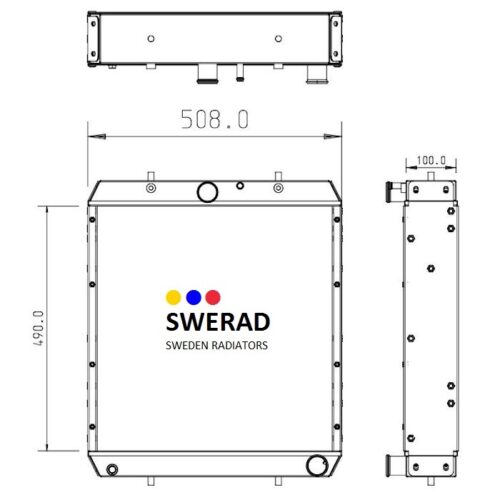 Teknisk ritning av en Kylare Zetor traktor radiator, som visar front-, sido- och toppvyer med dimensioner: 508,0 mm bredd, 490,0 mm höjd och 100,0 mm djup.