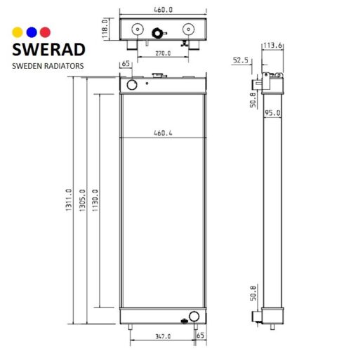 Teknisk ritning av Kylare Komatsu grävmaskin radiator från SWERAD Sweden Radiatorer med mått märkta i millimeter. Fram-, topp- och sidovyerna visas.