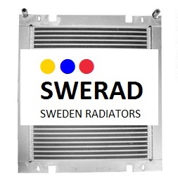 En kylare märkt "SWERAD" och med orden "SWEDEN RADIATORS" på framsidan, tillsammans med tre färgade prickar (gul, blå och röd), speciellt designad som Oljekylare Atlas Copco kompressor.