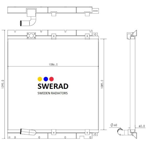 Tekniskt schema över en Oljekylare Caterpillar grävmaskin-enhet, som visar front- och sidovyer med mått.