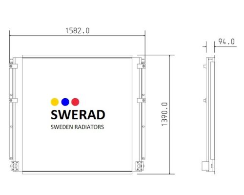 Teknisk ritning av en Oljekylare Caterpillar grävmaskin radiator som visar front- och sidovyer. Måtten är 1582,0 mm bredd, 1390,0 mm höjd och 94,0 mm djup. Varumärket och dimensionerna är märkta på framsidan.