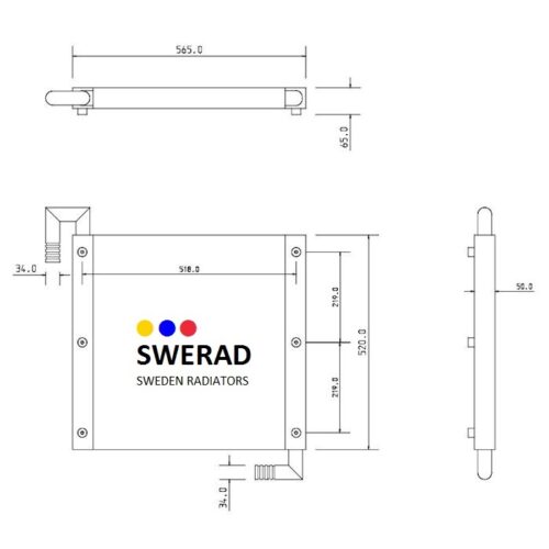 Teknisk ritning av Oljekylare Hitachi grävmaskin från SWERAD Sweden Radiatorer, som visar front-, topp- och sidovyer med olika mått märkta i millimeter.