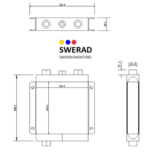 Teknisk ritning av Oljekylare McConnel klippmaskin radiator av SWERAD, Sweden Radiatorer, som visar dimensioner och portar framifrån, uppifrån och från sidan.