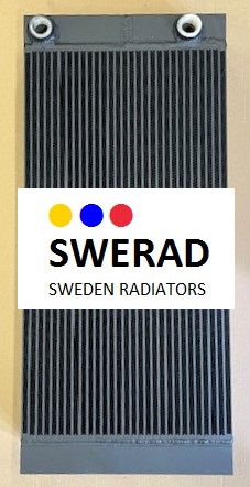 Bild på en svart Oljekylare Kalmar radiator med logotypen "SWERAD Sweden Radiators", med tre färgade prickar (gul, blå och röd), placerad på framsidan.