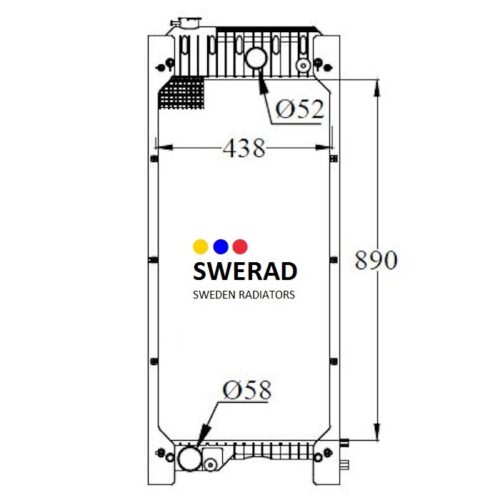 Teknisk ritning av Kylare Perkins generatorradiator av SWERAD, Sweden Radiators. Måtten är 438 mm bredd och 890 mm höjd, med inlopps- och utloppsrördiametrar på 52 mm respektive 58 mm.
