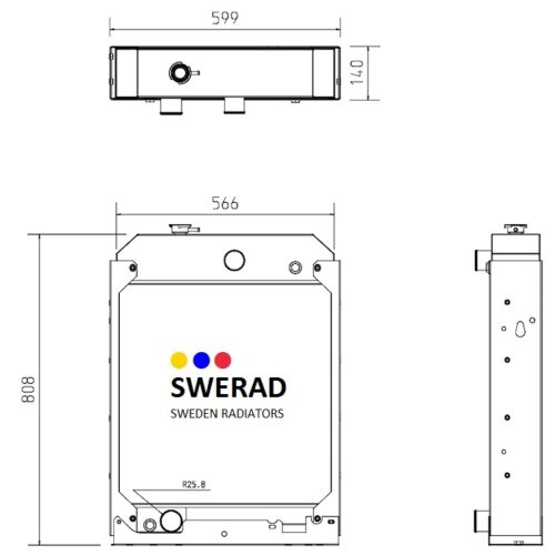Tekniskt diagram över en Kylare Perkins generatorradiator som visar front- och sidovyer med mått: bredd 566-599 mm, höjd 808 mm och djup 140 mm.