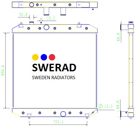 Teknisk ritning av en Kylare Perkins generatorradiator med märke, mått och mått i millimeter indikerade runt skissen. Logotypen har en röd, gul och blå prick ovanför texten.