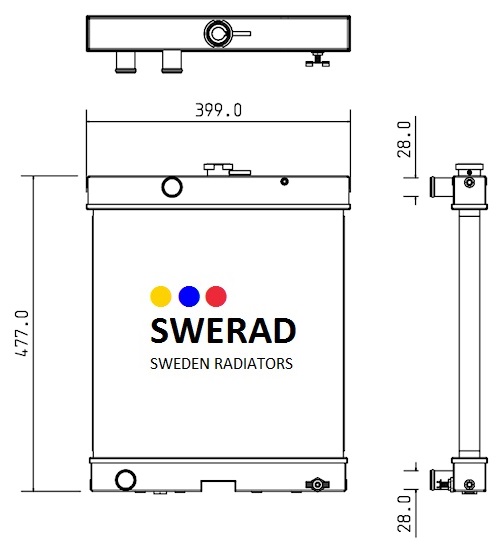 Teknisk ritning av en radiator. Den centrala vyn visar bredd som 399,0 mm och höjd som 477,0 mm. Sidovy visar djupet som 28,0 mm. Märkt "SWERAD" med etiketten "Sweden Radiators." Produktnamn: Kylare Perkins generator.