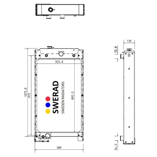 Teknisk ritning av en radiator som specificerar dimensioner, märkt "Kylare Perkins generator." Framifrån och från sidan visas med mått i millimeter.