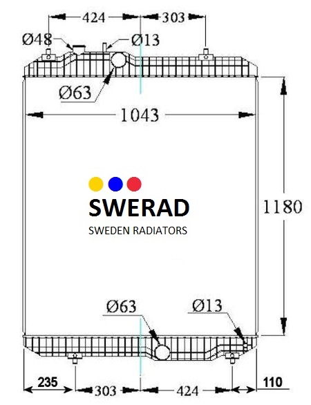 Tekniskt diagram över Kylare Perkins generatorradiator från Swerad Sweden Radiatorer, illustrerande mått och dimensioner i millimeter, med etiketter för rördiametrar och övergripande struktur.