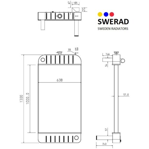Teknisk ritning av en Kylare Perkins generator radiator från flera vinklar med dimensioner. Kylaren är 1300 mm hög och 638 mm bred. Varumärke och logotyp för SWERAD Sweden Radiatorer finns i det övre högra hörnet.