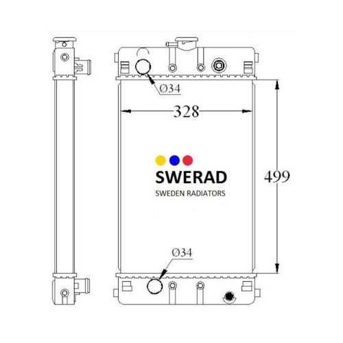 Teknisk ritning av en Kylare Perkins generatorradiator från SWEDEN RADIATORS, med dimensioner 328 mm bredd och 499 mm höjd, med anslutningspunkter märkta som Ø34.