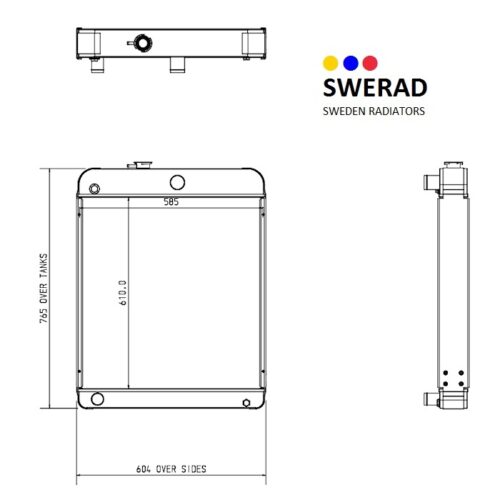 Tekniskt schema över en Kylare Perkins generatorprodukt från SWERAD Sweden Radiatorer med mått: 740,5 över tankar, 610,0 höjd och 604,0 bredd över sidor. SWERAD-logotypen med färgglada prickar visas.