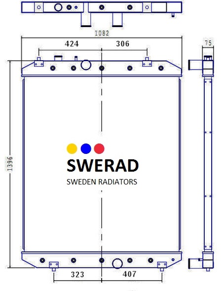Tekniskt diagram över en Kylare Perkins generatorradiator, som visar dimensioner och bultplaceringar. Orden "Kylare" och "SWEDEN RADIATORS" visas tydligt i mitten.
