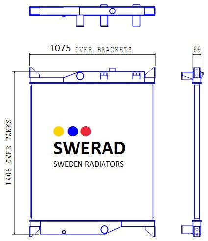 Teknisk ritning av en Kylare Perkins generatorradiator, som visar front- och sidovyer med följande mått: 1075 över konsoler, 1408 över tankar och en tjocklek på 69. Inkluderar Swerad Sweden Radiators logotyp.