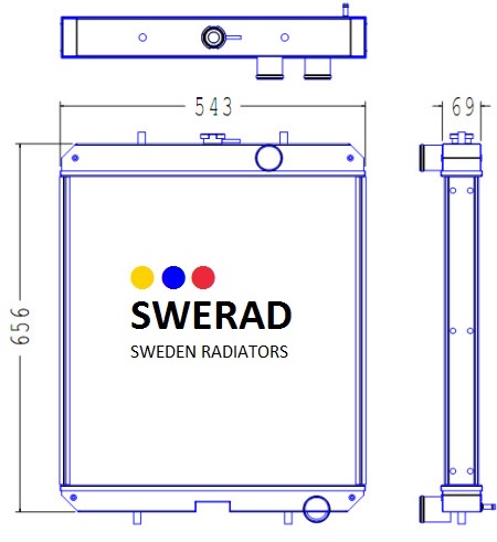 Här är en teknisk ritning av Kylare Perkins generatorradiator med mått. Framsidan mäter 656 mm gånger 543 mm, och sidovyn visar ett djup på 69 mm.
