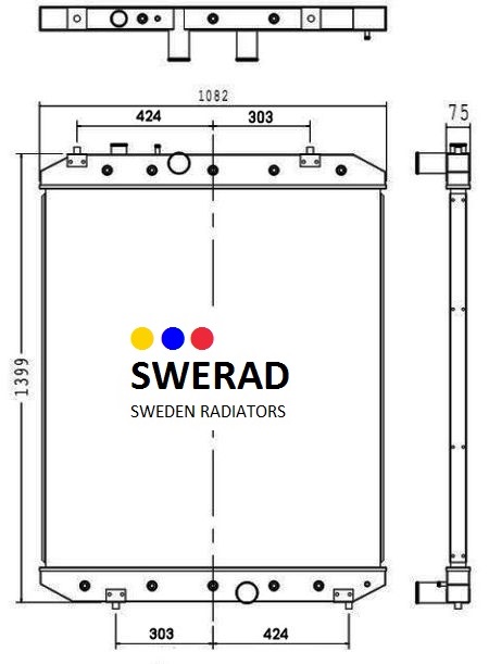 Tekniskt diagram över Kylare Perkins generator från Swerad Sweden Radiatorer, som visar front- och sidovyer med mått märkta.