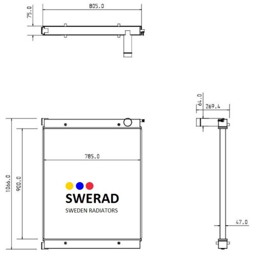 Teknisk ritning av en Kylare Volvo Penta-produkt av Swerad Sweden Radiatorer som visar front- och sidovyer med mått i millimeter. Logotypen är centrerad på framsidan.
